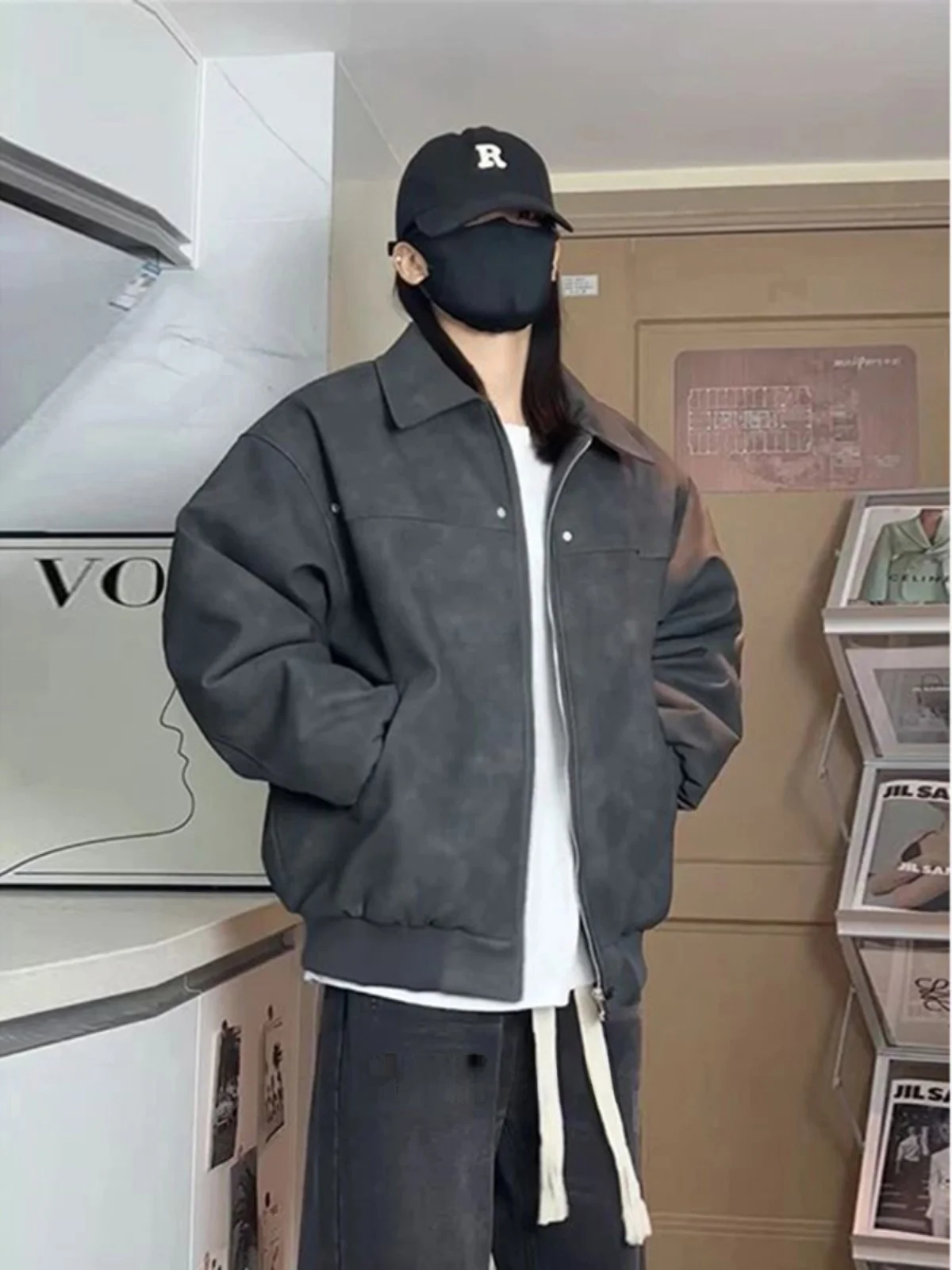 

Bla Motorcycle PU Leather Jaet Thiened Cotton Baseball Coat Stand Collar Winter Outerwear for Men Sli Casual Sle