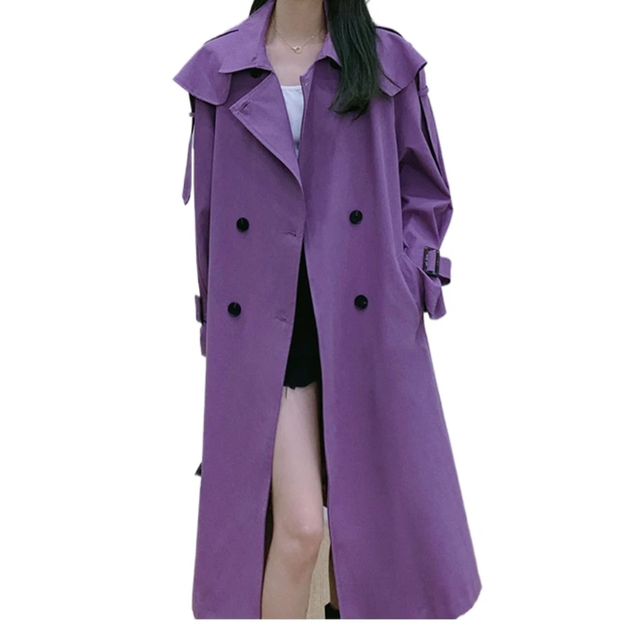 

New in Outerwears Elegant Women Trenchcoat Purple Double Breasted Long Trench Coats Lapel Belted Jacket Mid Long Slim Clothes