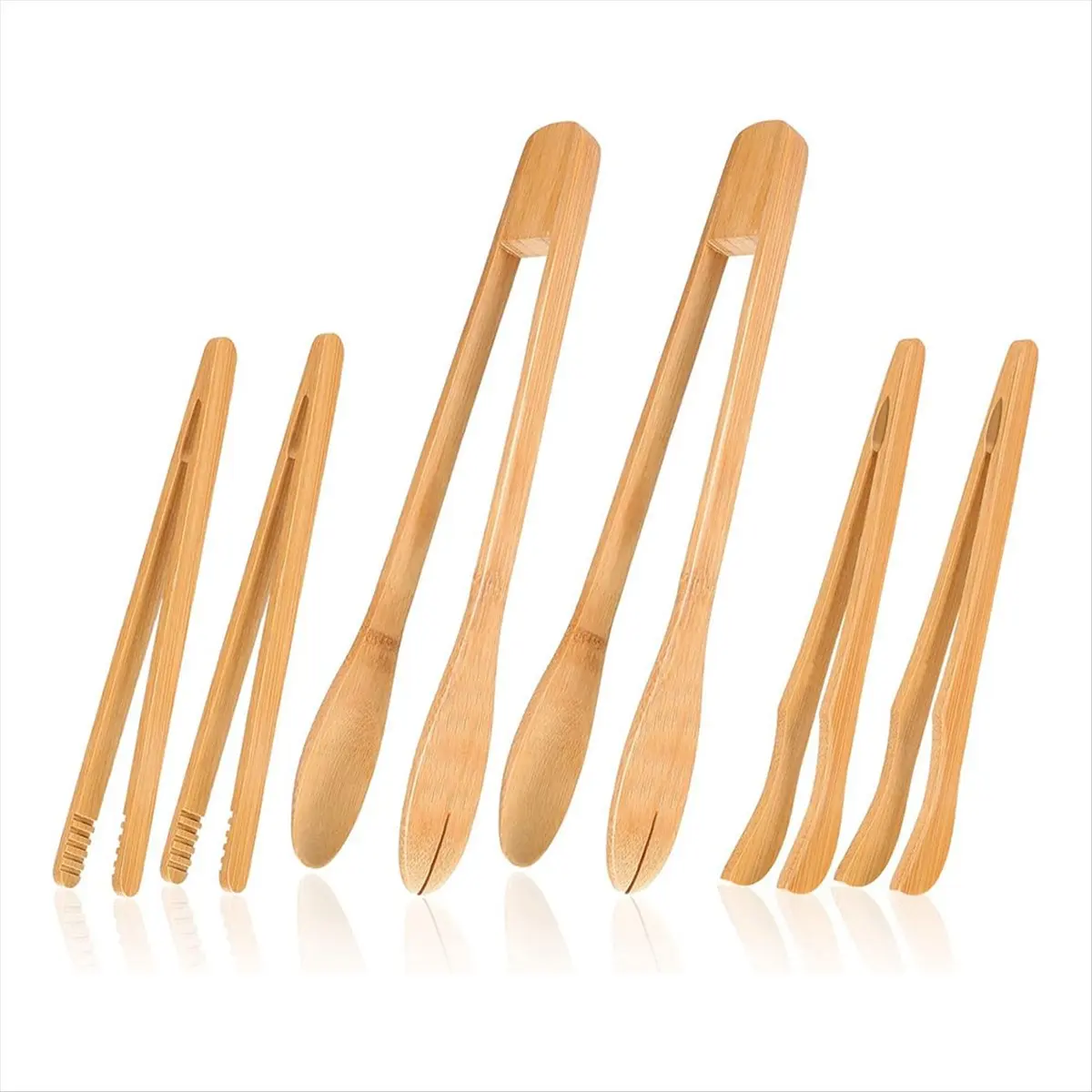 COFA 6 Pcs Bamboo Utensils for Cooking Wooden Toaster Tongs Long Kitchen Cooking Salad Tongs for Picking Up Cheese Bacon