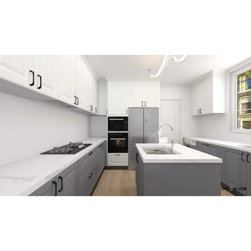 L자형 중앙 아일랜드 주방: 모던한 캐비닛, 일체형 싱크대, 개방형 레이아웃 및 자연광 활용