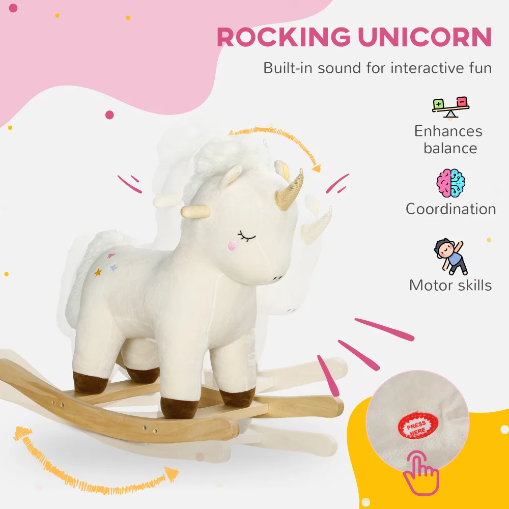 Caballo mecedora, paseo de peluche en unicornio con sonido realista, base de madera, mecedora para niños pequeños de 2 a 4 años, blanco