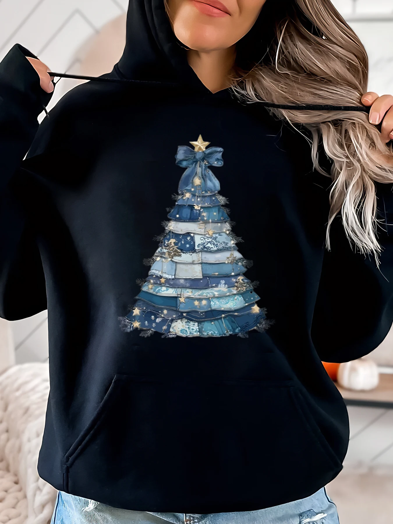 Weihnachtsbaum-Druck, Urlaubs-Kapuzenpullover für Damen, lässiges Winter-Outfit, Schwarz, Übergröße