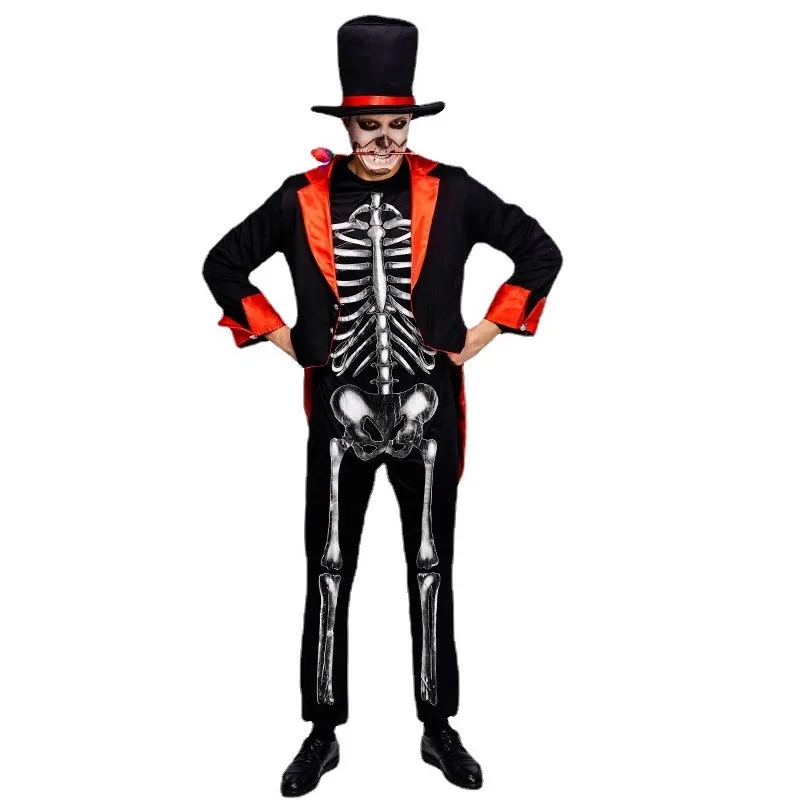 Men Halloween Evil Skeleton Magician Costumes Azrael Ghost Demon Cosplay Carnival Purim Parade Nightclub Role Play Party Dress