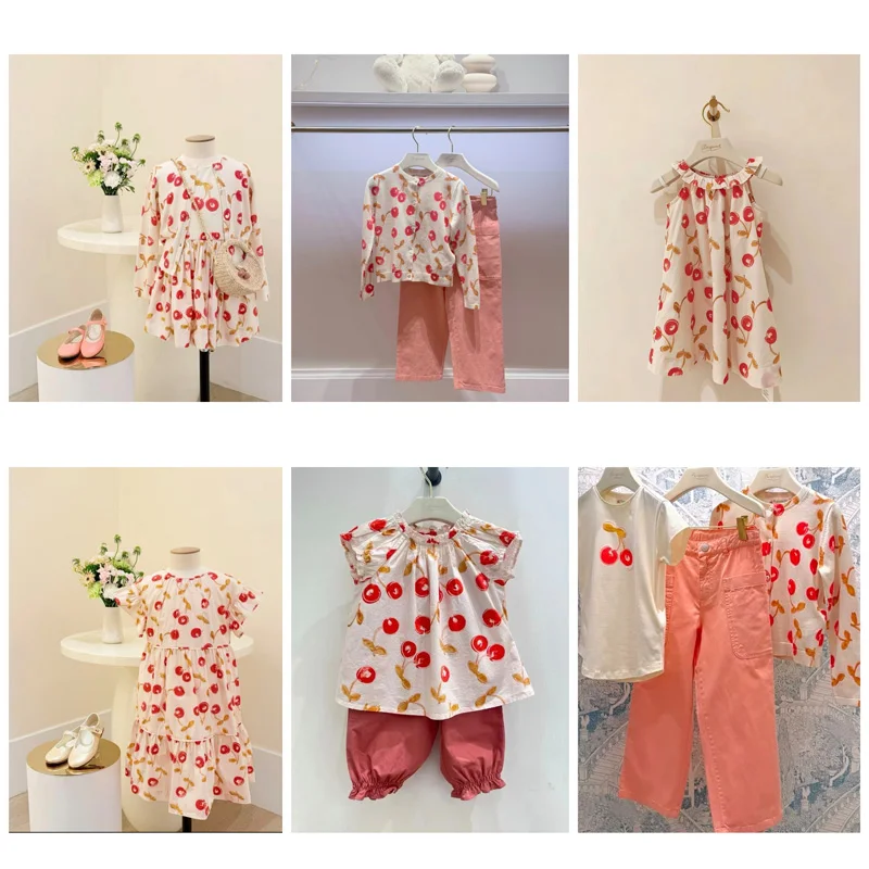 

2026 BP Spring Summer Baby Girls Cute Red Cherry Series T-shirts & Skirts Dress for Kids Knitted Cherry Cardigan Mother & Kids