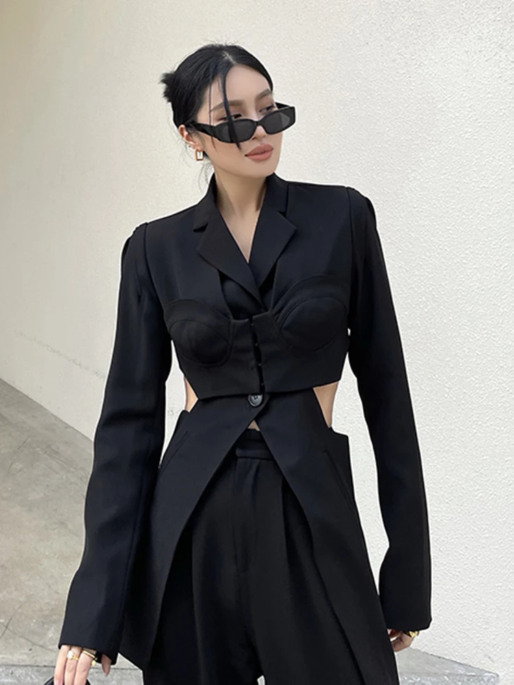 GALCAUR Korean Solid Blazer For Women Notched Collar Long Sleeve Singlr Button Irregular Hem Coats Female Autumn Style 2022 New