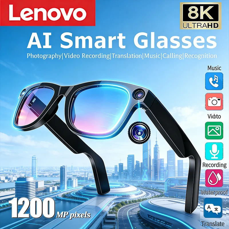Lenovo Bluetooth 8K Smart AI Glasses With 1200mp Camera Chat Gpt Touch Sport Sunglasses Calling Music Player For Men Women Gift