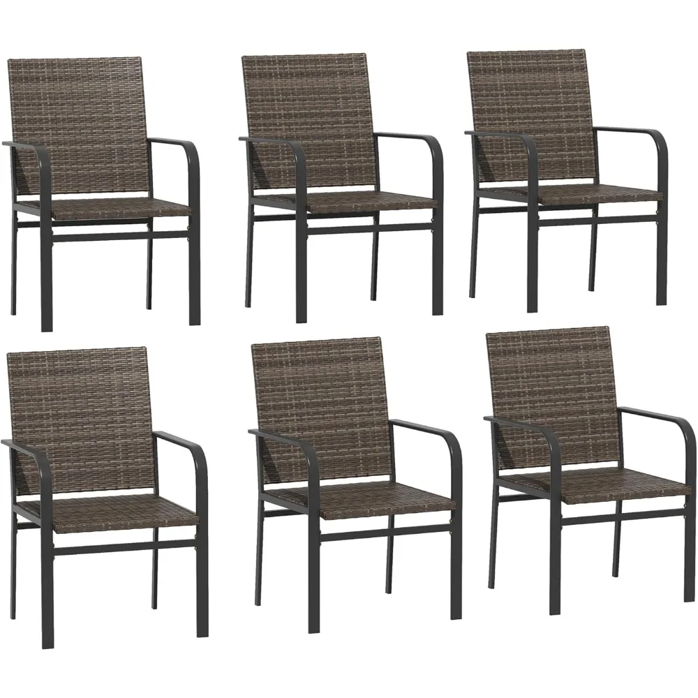 

Patio Dining Chairs Set of 6, Outdoor Wicker Chairs with Curved Armrests and Steel Frame for Patio, Deck, Backyard
