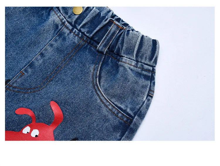 Heißer Verkauf: Blaue Jeans für Teenager-Mädchen mit Cartoon-Print, elastischem Mittelbund, lockerer Passform, Frühlingsmode, niedliche Kinderhose mit weitem Bein. – Detail 11