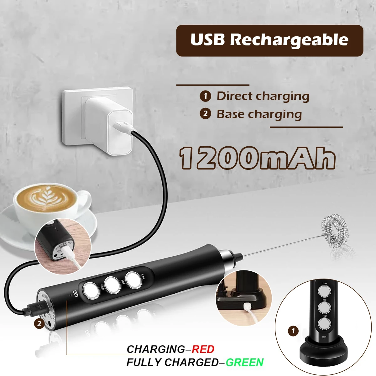 Wireless Rechargeable Electric Milk Frother - 3 Speeds, Handheld Foam Maker for Latte, Cappuccino, Hot Chocolate - USB Rechargea