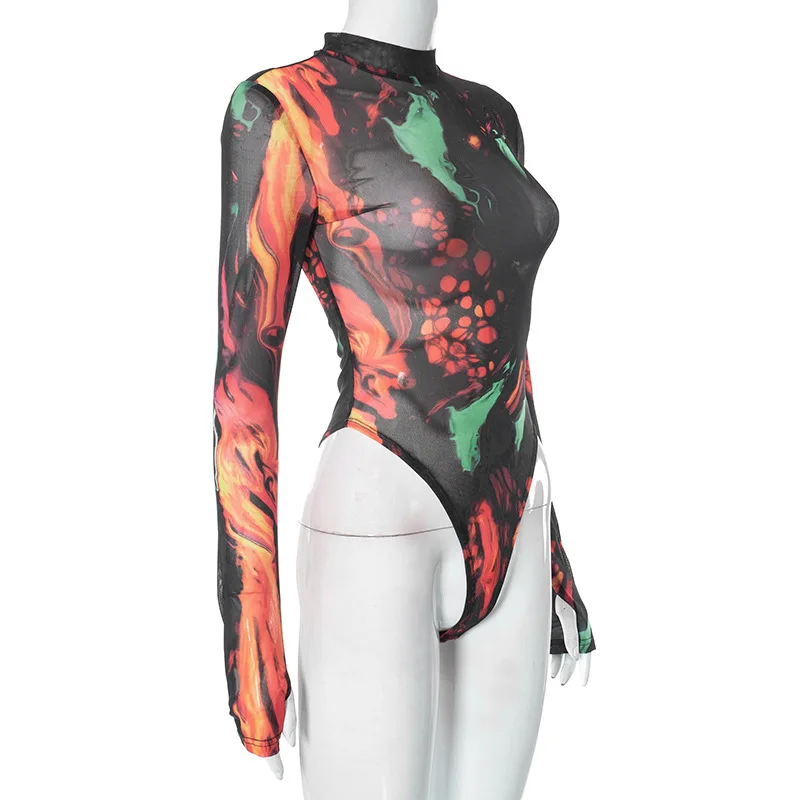 Body Sexy Tie Dye, lencería, corsé de manga larga, Top para mujer, traje Rave de una pieza, lencería ceñida femenina, corpiño transparente