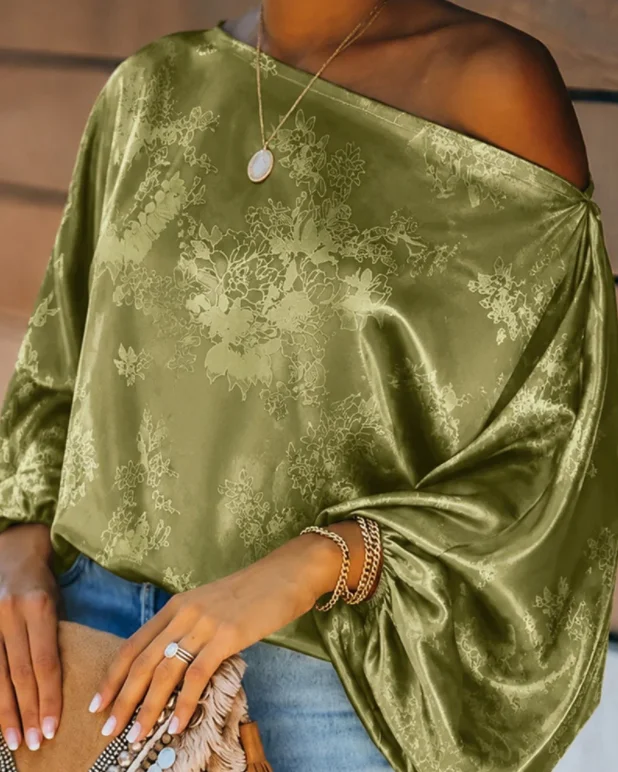 Damen-Satin-Jacquard-Oberteil mit gekerbtem Revers, lockerem Vintage-Schnitt und Laternenärmeln – Detail 4