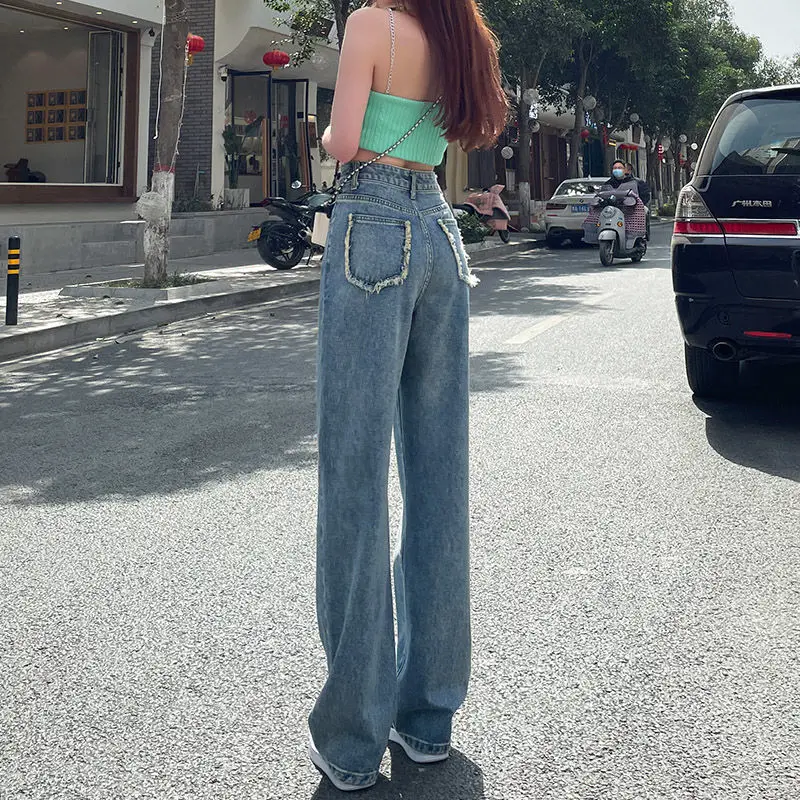 Jeans Pinggang Tinggi Antik Wanita Fashion Korea Streetwear Jeans Kaki Lebar Celana Denim Wanita Celana Ibu Longgar Lurus L104