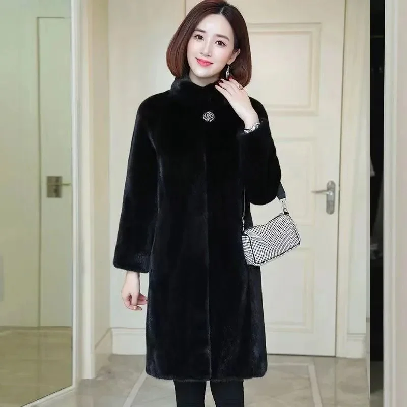 2023 Women Autumn Winter Mink Fleece Coat Imitation Fur Coat Female Mid length Standing Collar Thick Women Korean sheep shearing