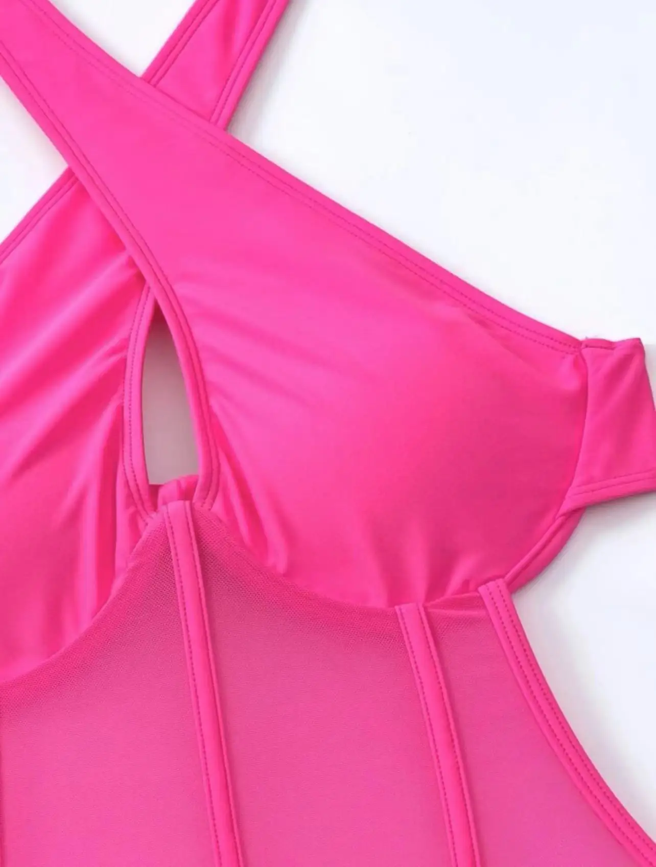 2025 Contrast Mesh Cut Out Halter Swimsuit One Piece Solid Swimwear Women Push Up Bathing Swimming Swim Suit Female Beach Wear