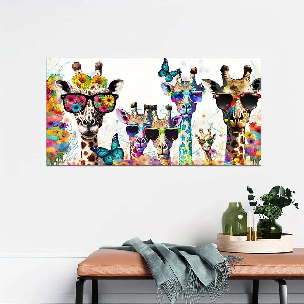 Canvas Print, Giraffes Butterfly Flowers Painting, Watercolor Animal Wall Art, Funny Picture for Room Kids Bedroom Home Decor