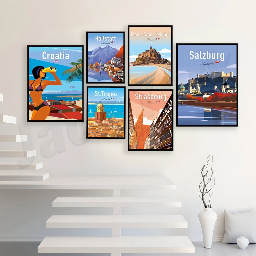 Montreal, Hallstatt Autumn, Procida Naples, Marseille, Dubai, Saint Tropez, Salzburg, Singapore, Strasbourg France travel poster