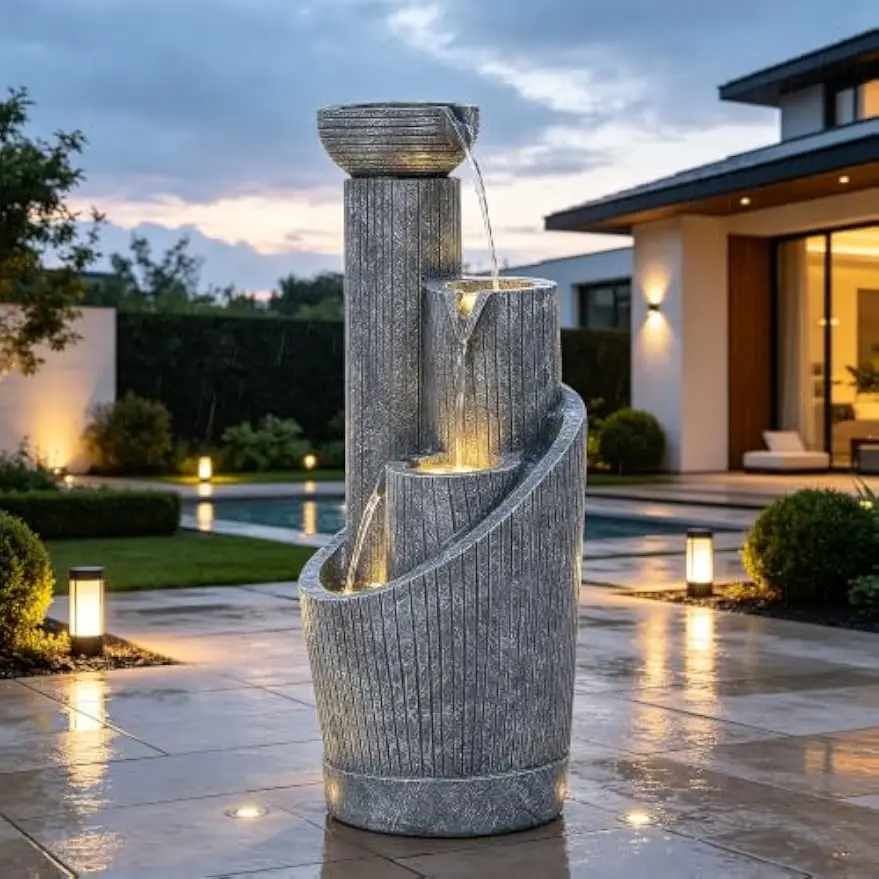Twist Pedestal Bowl Water Feature Cascading Waterfall Illuminated Weatherproof Polyresin Fluted Concrete Garden Patio Decor