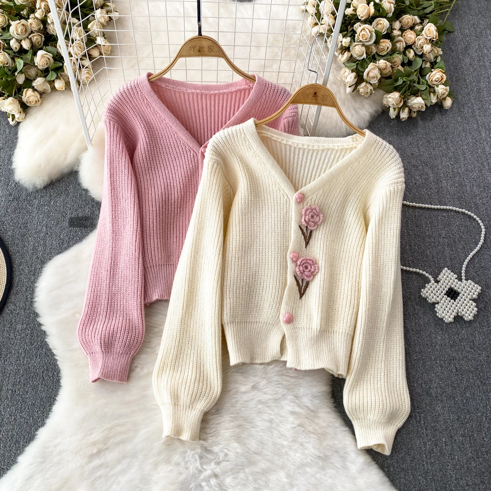 

Flowers Long Sleeved V-Neck Knitted Cardigan Autumn Winter Elegant Women Single-Breasted Sweater Cardigans