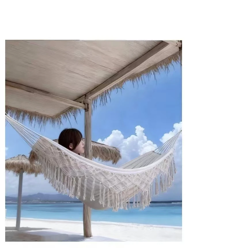 Pastoral-Style Tasseled Canvas Hammock， Double-Person Model, Outdoor Camping Anti-Rollover Swing