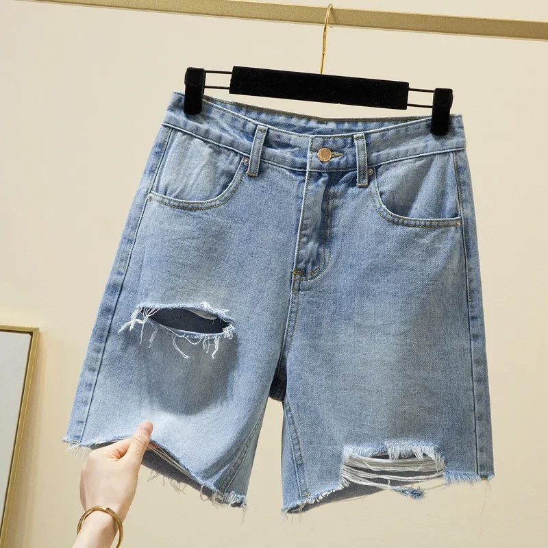 Shorts jeans rasgados para mulheres, meio jeans feminino, streetwear solto, calça curta casual, calça quente, buraco reto, verão