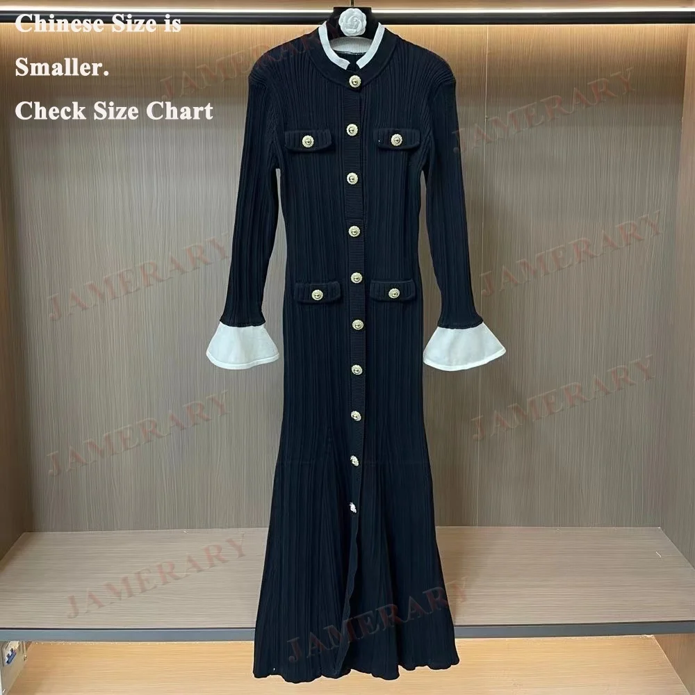 Vestidos largos tejidos de manga larga para primavera y otoño, vestido tubo de punto con cinturón y botones dorados de un solo pecho para mujer