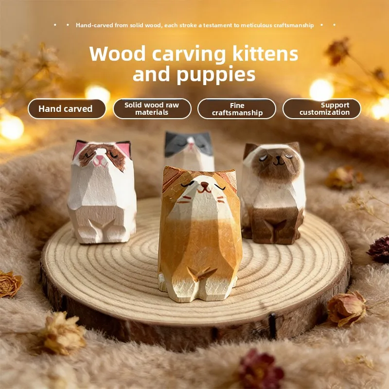 Customized Handmade Wood Carving Kitten Ornament Healing Department Desktop Small Animal Figure Car Decoration Gift Wholesale
