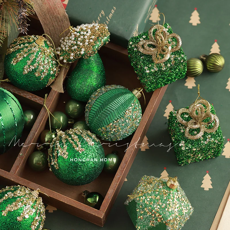 Flocked Christmas Ball SetChristmas Tree Decoration Pendant Dark Green Decoration Hanging Ornament