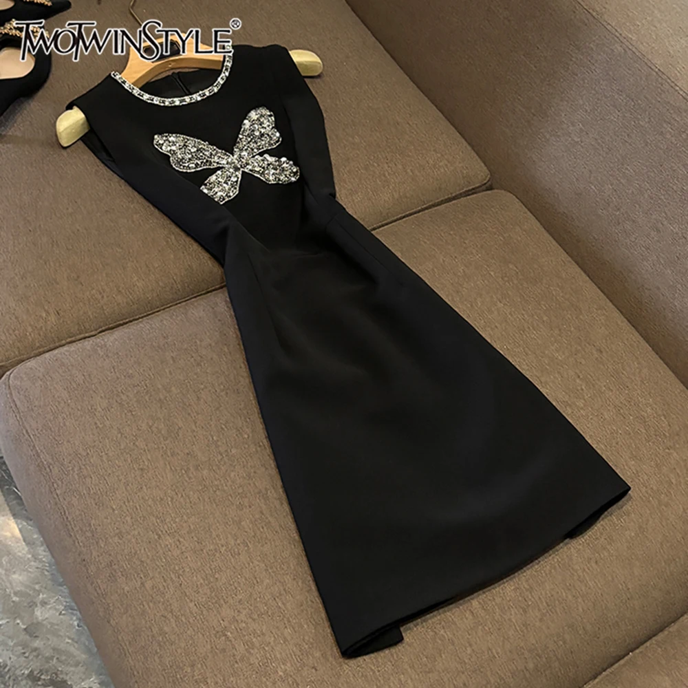 

TWOTWINSTYLE Slimming Spliced Diamonds Dresses For Women Round Neck Sleeveless High Waist Elegant Dress Female Style KDR534567