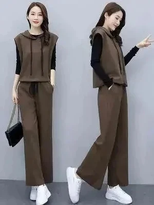 

Fashionable plus Size Women's Wide Leg Pants Set Spring New Style Conceal Meat Slimming Three Piece Set High Waist Long Pants