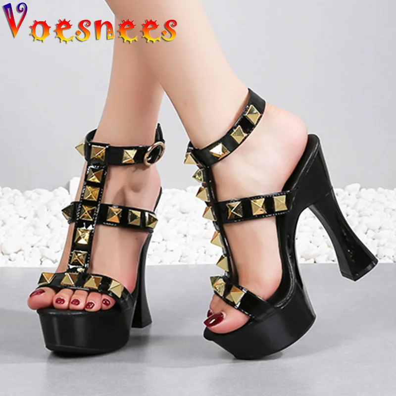 Fashion Rivet Women Slides Summer Pumps T-Belt Hollow Out Sexy Pole Dancing Shoes Thick Platform Models High Heels Sandals Mujer