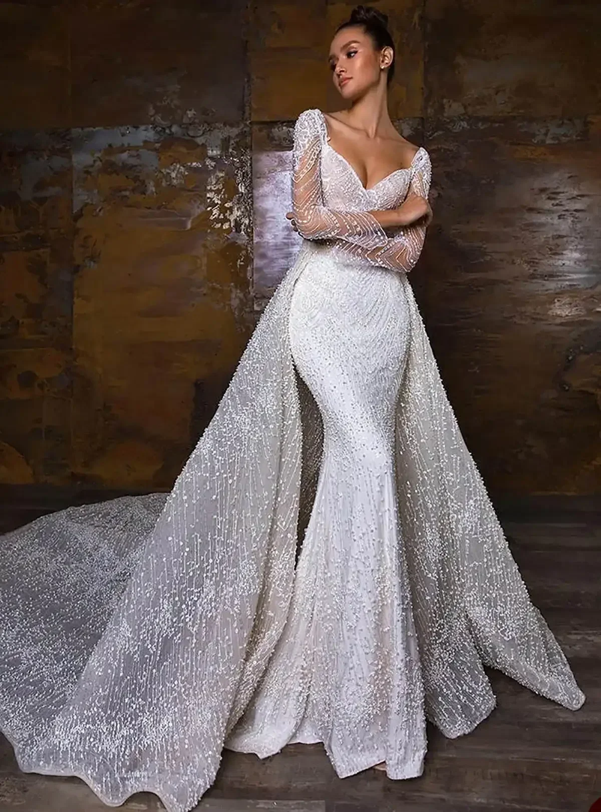 

Customized Gorgeous Mermaid Wedding Dresses For Women Sweetheart Neck Long Sleeves Bridal Gown Sequins Detachable Train Dress