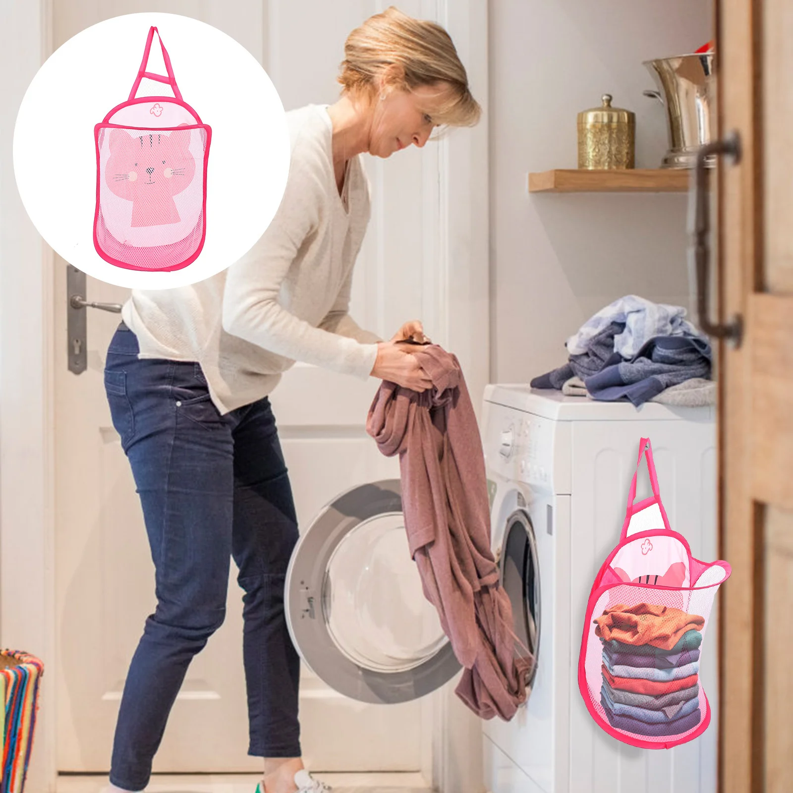 

Foldable Hanging Clothes Basket Cartoon Pattern Wall-Mounted Laundry Storage Dirty Clothes Basket Bathroom Organizer