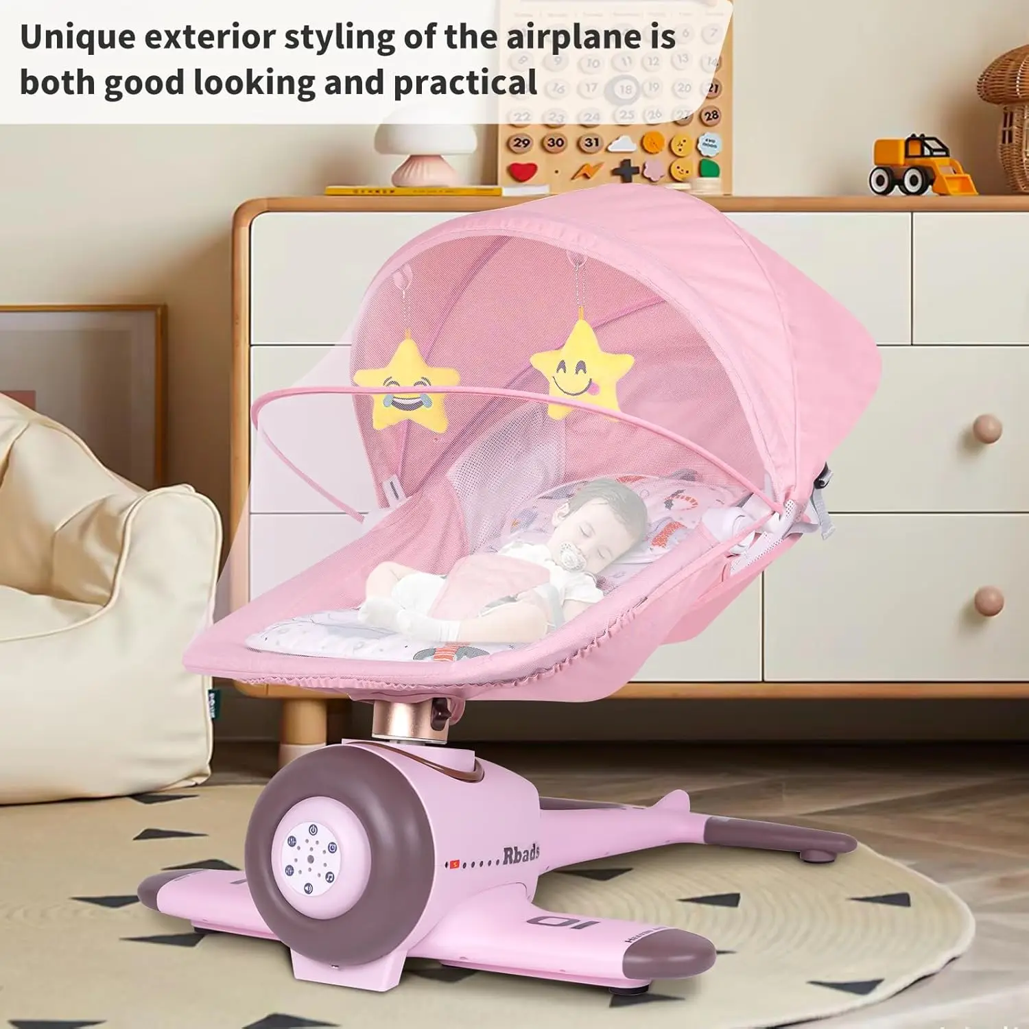 Remote Baby Bouncer & Rocker with Bluetooth Music & Light Mosquito Net Portable Aircraft Cabin Shape Baby Swings for Infants