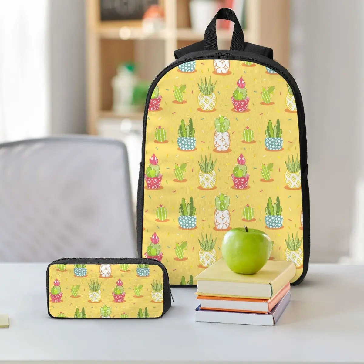 Succulent Plant Potted Watercolor Art Backpack Boys Girls BookBag School Bag Shoulder Bags 3ps Insulated Lunch Bag Pencil Case