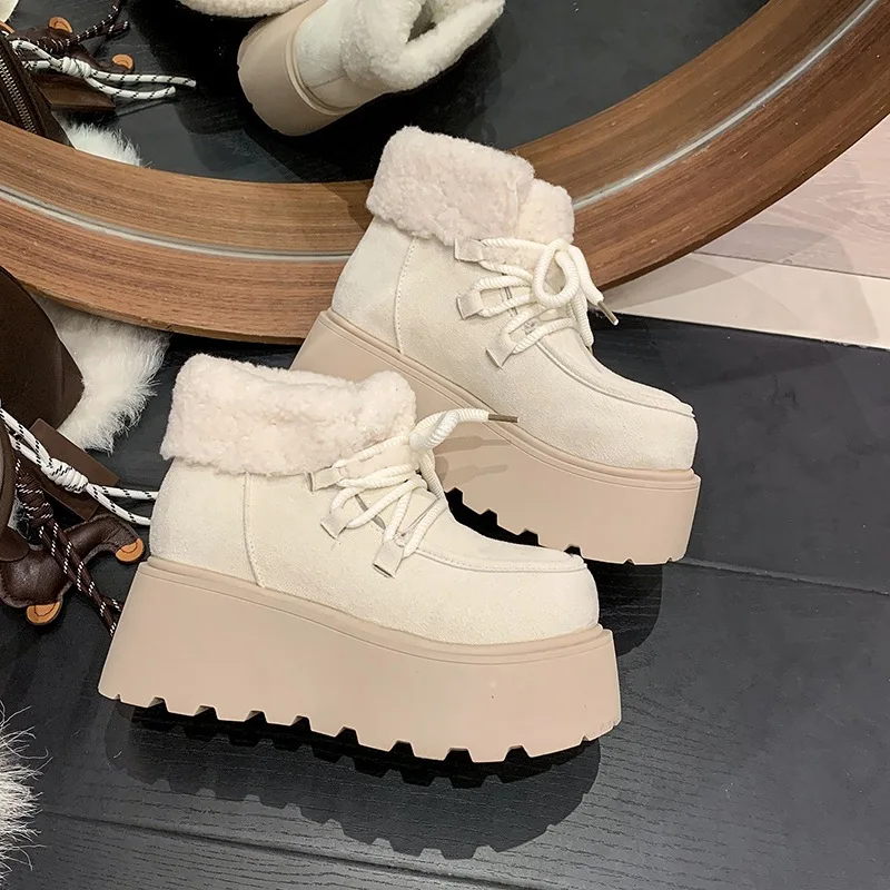 2026 Women's Winter Sponge Cake Thick Bottom Lace with Velvet Warm Snow Boots High Heels Short Sleeves Cotton Shoes