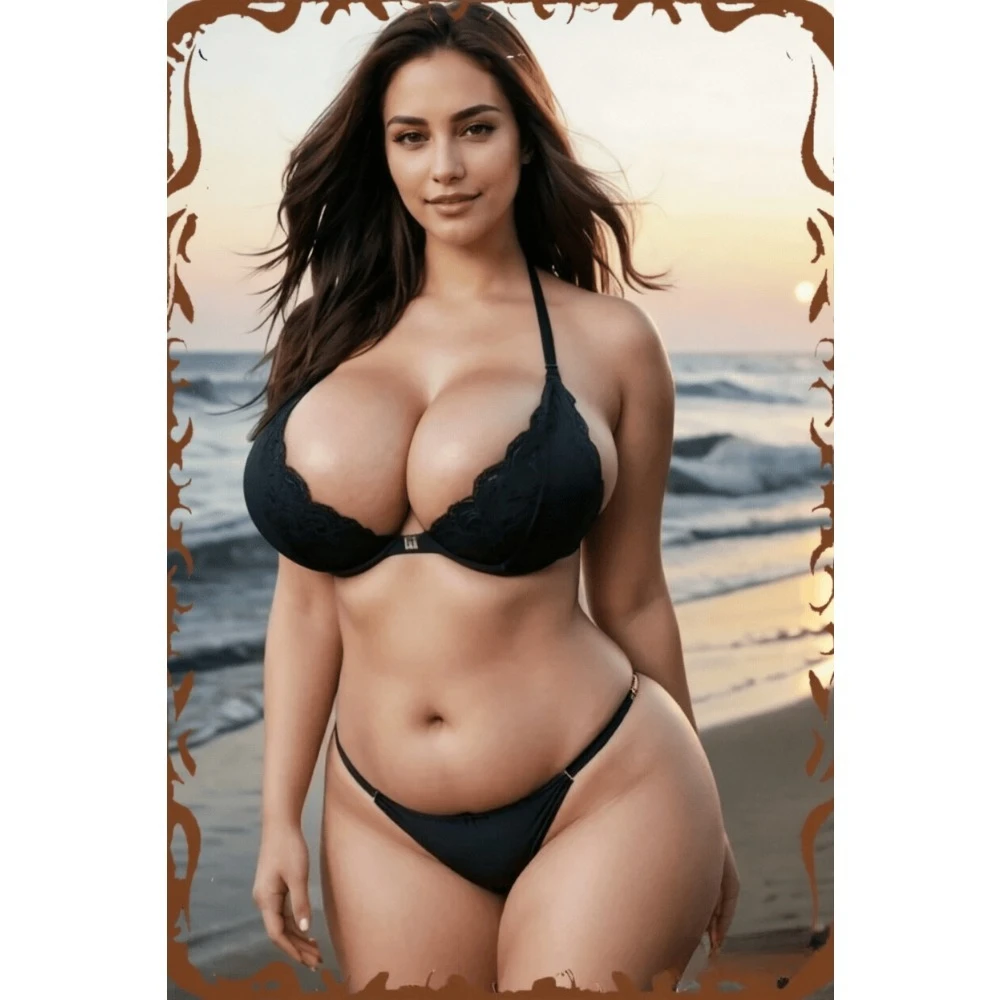 2D Black Chic Beach Outfit Model Aluminum Sign, Elegant Western Mixed Wall Art for Room Bathroom Man Cave Party Bar Decor
