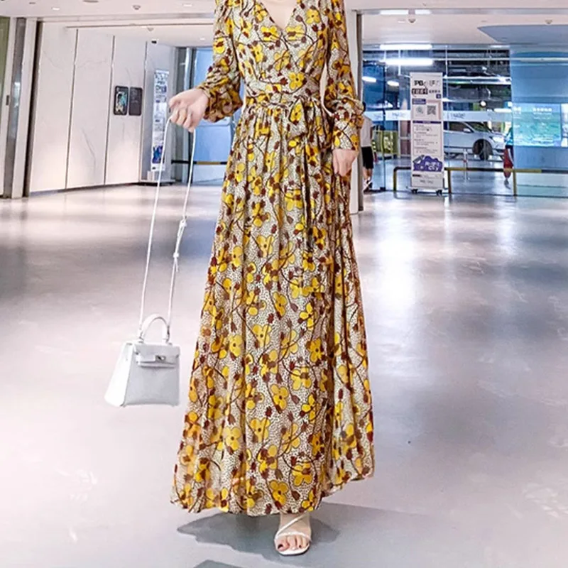 Spring 2024 New Floral Dress For Women V-Neck Fashion Elegant Long Dresses Female Vintage Full Sleeve Y2K Luxury Party Vestidos