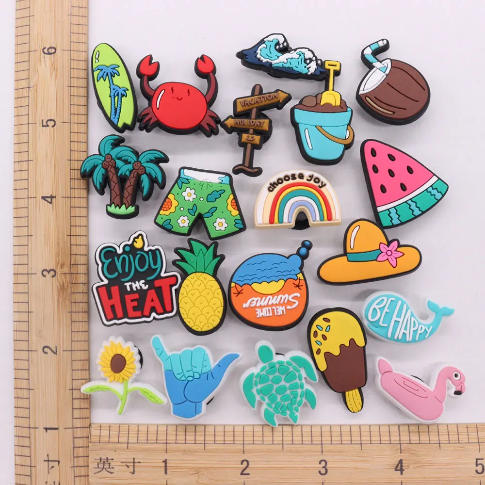 50Pcs PVC Rainbow Choose Joy Coconut Tree Flamingo Swim Ring Kids Shoe Buckle Charms DIY Summer Decorations Clog