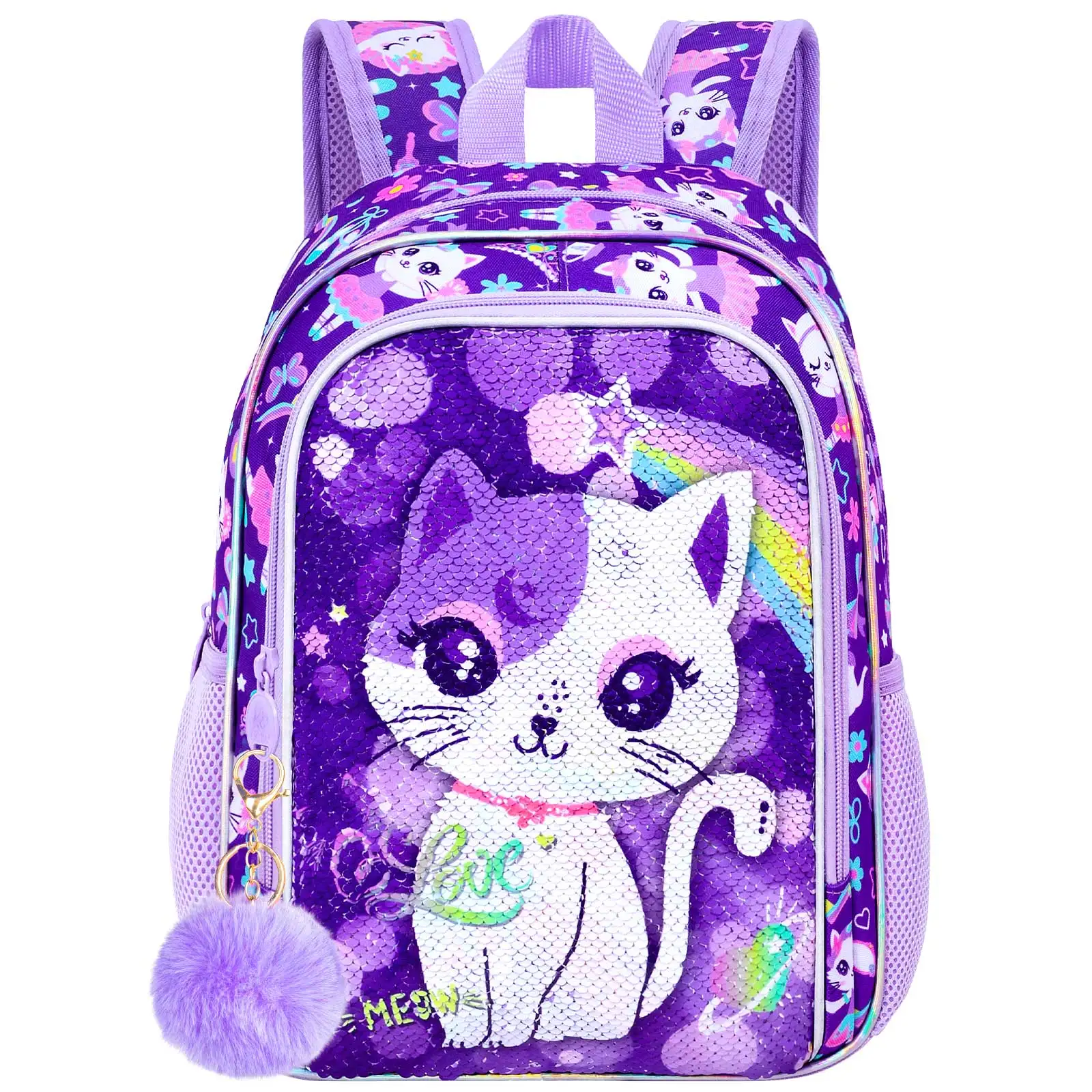 

Cat Backpack for Girls, Toddler Sequin Preschool Bookbag, 13" Cute Cartoon Animal Schoolbag