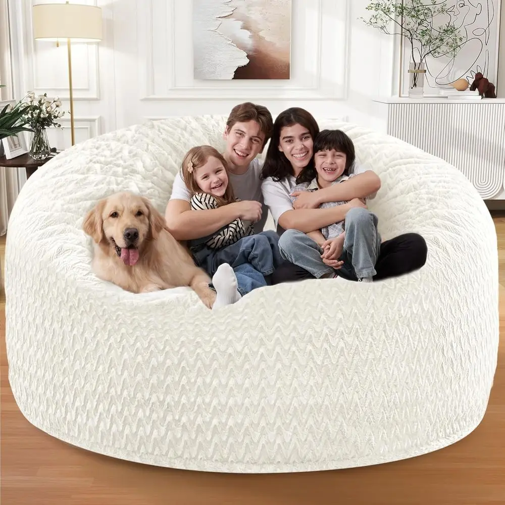 كراسي بين باج كبيرة للبالغين مع غطاء من القطيفة من إسفنج الذاكرة وشيفرون - أبيض #3