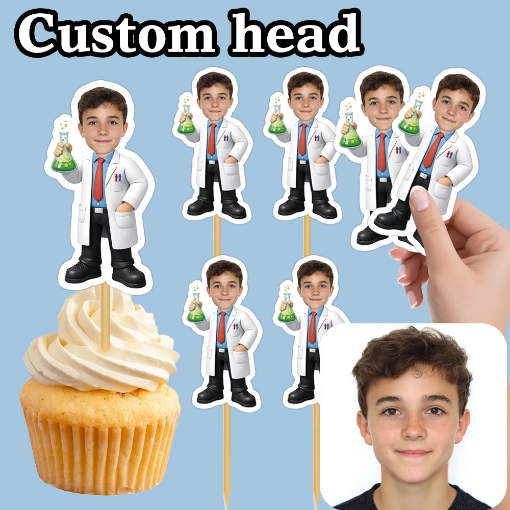 Personalisierter Cupcake-Topper zum Geburtstag für Wissenschaftler, individuelles Wissenschaftler-Muster mit Gesichtsfoto, Party-Kuchendekoration, Dessert- und Obstspieß – Detail 2