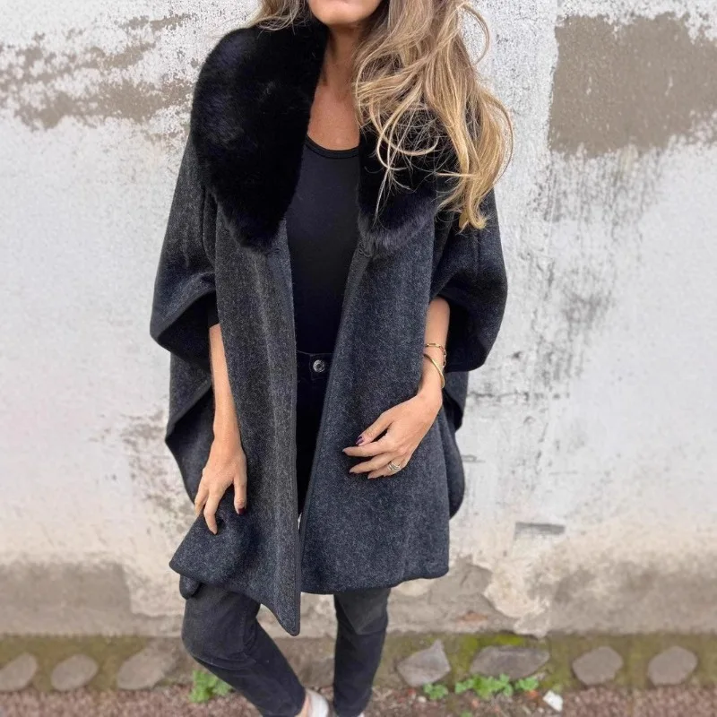 

2025 New Women's Autumn and Winter Loose Long-sleeved Large Lapel Collar Fur Collar Cape Coat