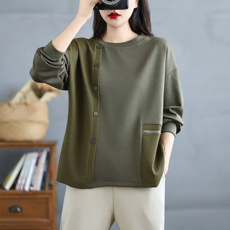 Spring Autumn Women's Clothing Solid Color Button Lantern Long Sleeve Casual Loose T-shirt Fashionable Hoodies All-match Tops