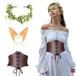 Retro Forest Temperament Suit Elf Gold Leaf Forehead Pendant Headband Elf Ear Clip PU Leather Waist Seal Role Play Accessories