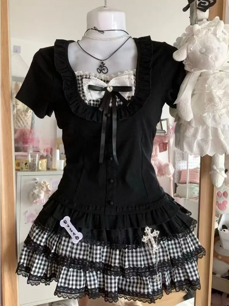 Japanische Harajuku Punk Damen Kurzarm-Tops Gothic Lolita Spitze Rüschen Slim Fit Bluse Y2K Dark Grunge Ästhetische T-Shirts