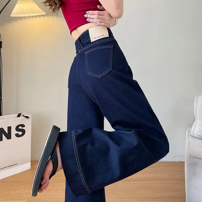 Damskie jeansy Deep Blue Soft z szerokimi nogawkami, wysoki stan, luźny krój, zwiewne, dla figury typu gruszka, długość do podłogi, nowość na jesień.