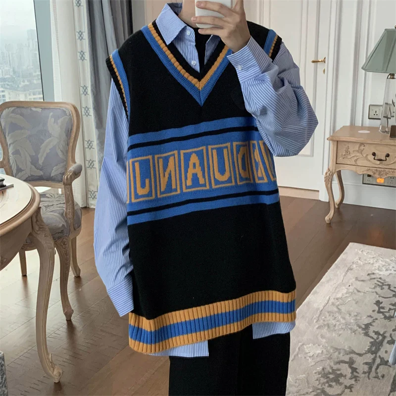 Knitted Men Vest Fashion Casual Spring Letter Printing Golf Sleeveless Clothing Shipping Harajjuku Loose Student Knit Man Vest