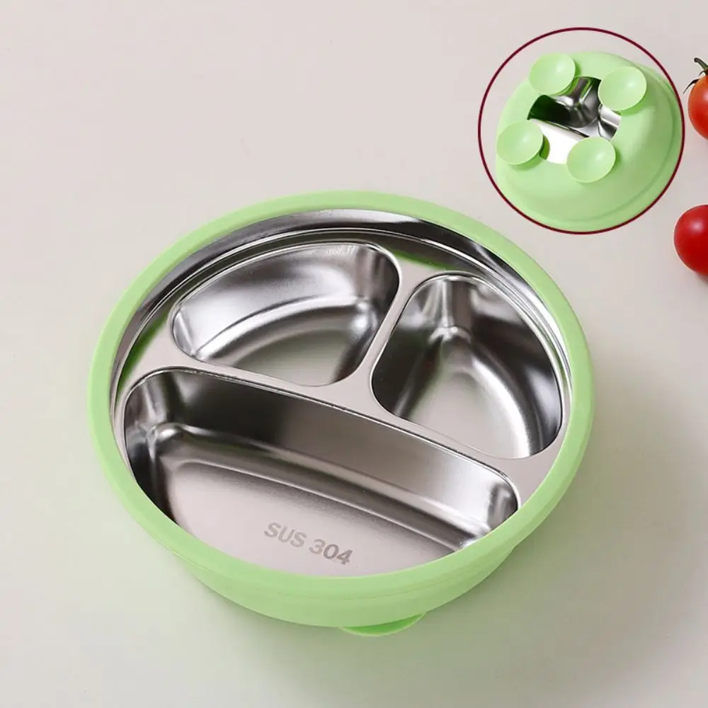 Silicone Suction Cup Baby Sucker Dining Plate Divided Design Thermal Insulation 3 Grids Children Dishes 304 Stainless Steel