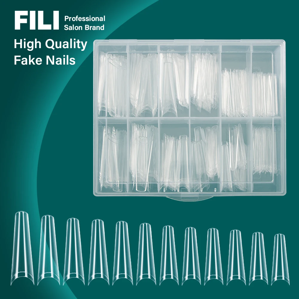 

FILI French Coffin Nail Tips Fake Nails Extra Long Half Cover Curve Transparent/Natural Acrylic Extensions System False Nails