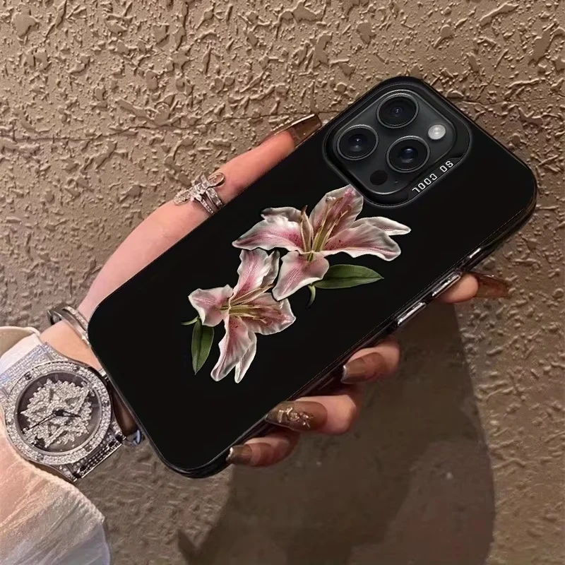 黒いユリの花のフロストケース Samsung Galaxy A36 A35 A34 A32 A30 A26 A25 A24 A23 A22 5G 4G A20 A16 A15 A14 アクリルカバー